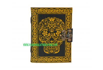 New Celtic Day of the Dead Leather Embossed Journal with metal lock Yellow With Black Shadow Two Color Journal Book